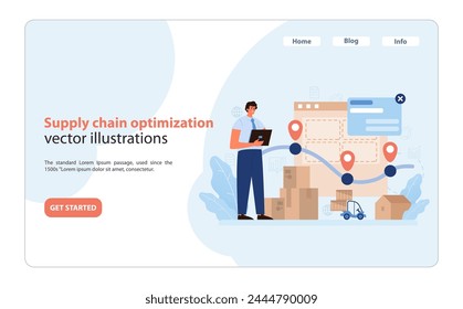 Supply Chain Optimization. Efficient logistics management visualized with real-time tracking and inventory control. Flat vector illustration.