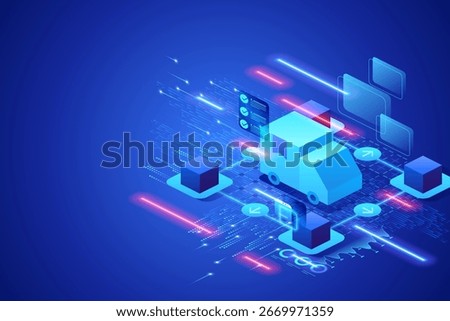 Supply chain optimization in smart factory. Demand forecasting, logistics planning, digital inventory, real-time tracking and data-driven distribution efficiency.  Isometric vector illustration