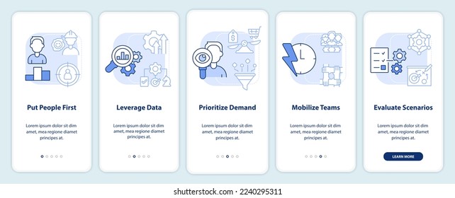 Prioridades de la cadena de suministro pantalla de aplicaciones móviles en color azul claro. Recorrido 5 pasos instrucciones gráficas editables con conceptos lineales. UI, UX, plantilla GUI. Multitud de tipos de letra Pro-Bold, con uso regular