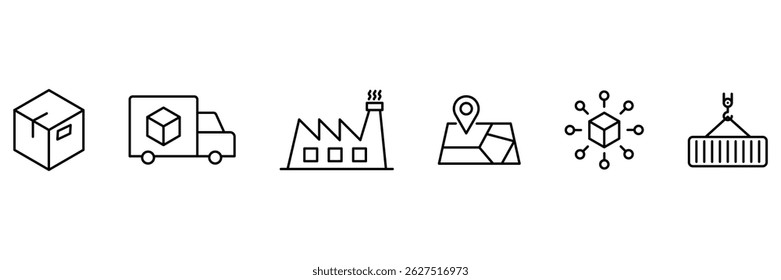 Supply chain process icon set logistics delivery warehouse tracking shipping industry manufacturing map container distribution vector illustration business outline concept.