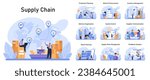 Supply Chain set. Comprehensive stages of logistics from production to feedback analysis. Optimized material flow, effective delivery and quality assurance. Flat vector illustration