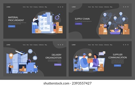 Supply Chain set. Comprehensive stages of logistics from production to feedback analysis. Optimized material flow, effective delivery and quality assurance. Flat vector illustration