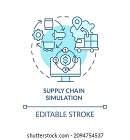 Supply chain simulation turquoise concept icon. Improving business outcomes abstract idea thin line illustration. Isolated outline drawing. Editable stroke. Roboto-Medium, Myriad Pro-Bold fonts used