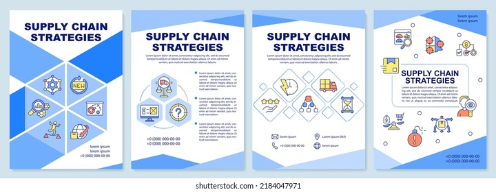 Supply chain strategies blue brochure template. Management. Leaflet design with linear icons. Editable 4 vector layouts for presentation, annual reports. Arial-Black, Myriad Pro-Regular fonts used