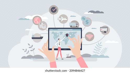 Supply chain technology to manage logistic process online tiny person concept. Modern SCM system control and management using digital solutions vector illustration. Distribution optimization planning.