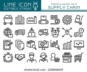 Supply chain vector icon set. Editable line stroke.