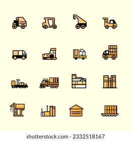 Supply chain warehouse storage icons set. Truckload cargo shipping. Logistics.