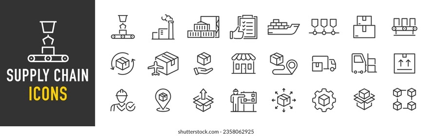 Supply Chain web icons in line style. Logistic, delivery, business, industry, management, commerce, analysis, procurement ,collection. Vector illustration.