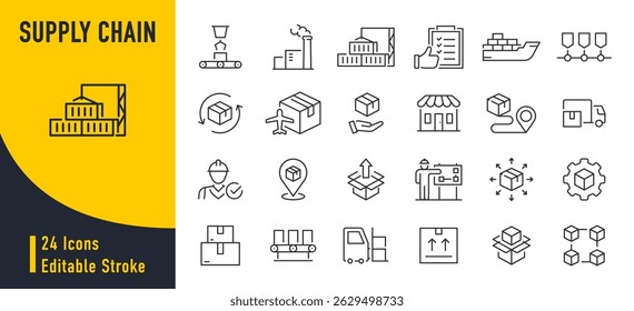 Ícones da Web do Supply Chain no estilo de linha. Logística, entrega, negócios, indústria, gerenciamento, comércio, análise, aquisição, coleta. Ilustração vetorial.
