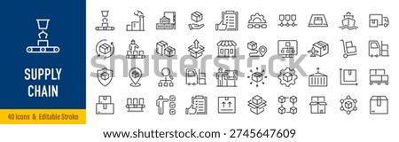 Supply Chain web icons in line style. Logistic, delivery, business, industry, management, commerce, analysis, procurement ,collection. Vector illustration.