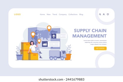 Supply chain web or landing page. Coordinating flow of goods from origin to consumer. Optimizing logistics for seamless end-user delivery. Global supply network efficiency. Vector illustration.