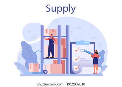Supply concept. B2B idea, global logistic and transportation service. Company as a customer, business partnership. Modern cargo transportation technologies. Isolated flat vector illustration