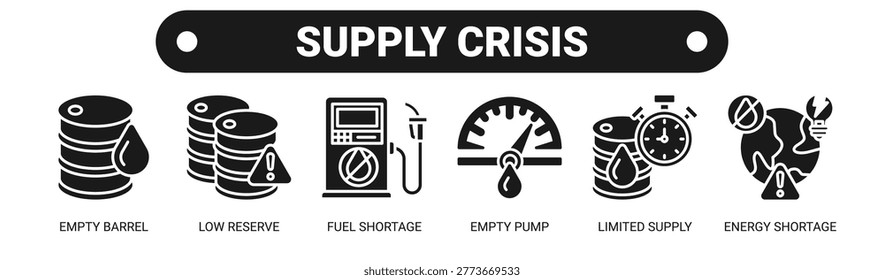 Supply Crisis web banner icon vector illustration concept with icons of empty barrel, low reserve, fuel shortage, empty pump, limited supply, and energy shortage.