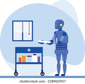 Supply Delivery Robot Concept, cobot collaborative robot vector icon design, Robotic medicine symbol, Healthcare Scene Sign, Innovation Artificial Intelligence Work in Modern Clinic stock illustration