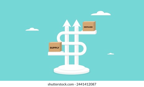 ilustración del concepto de equilibrio de oferta y demanda, determinación de precios en un concepto de mercado de capitales, signo de dinero en dólares estadounidenses con metáfora de brazo para equilibrar la palabra oferta y demanda ilustración vectorial