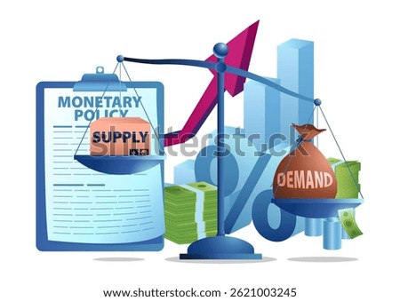 Supply and demand balance scale with monetary policy document