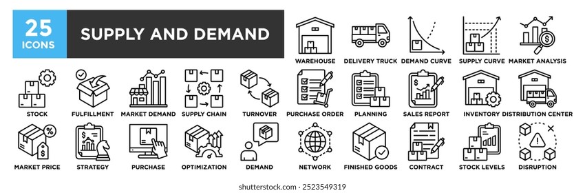 Conjunto de coleta de ícone Suprimento e Demanda. Contendo fornecimento de design, preço, demanda, estratégia, mercado, gerenciamento