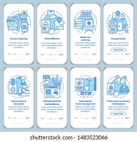 Supply and demand onboarding mobile app page screen with linear concepts set. Commercial services industry walkthrough steps graphic instructions. UX, UI, GUI vector template with illustrations