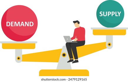 Supply and demand with seesaw showing high demand and low supply, businessman try to make it in balance or equilibrium for global

