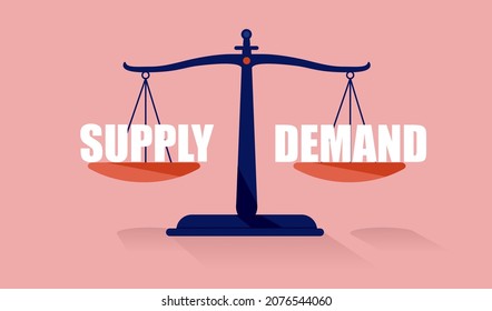 Supply and demand vector illustration. Weight scale with words in equal position.
