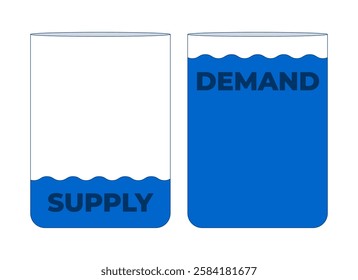 Supply and demand water tanks 2D cartoon object. Resource balance. Different water levels. Sustainable management isolated element flat vector clipart on white background. Spot illustration