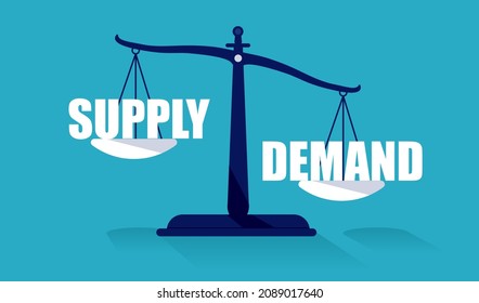 Supply and demand with weight scale showing high demand and low supply. Vector illustration. 