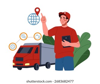 Suministro y exportación. Entrega de carga. Transporte internacional de carga. Camión de automóviles. Coche de almacén. Servicio de Asistencia logística. Pin de distribución global. Hombre de uniforme. Importar paquete. Concepto de Vector