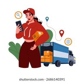 Supply export. Cargo delivery. Freight transportation. Auto truck. Boxes in car van. Logistic support service. Global distribution pin. Woman in uniform. Mobile app for parcel control. Vector concept
