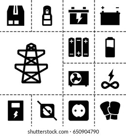 Supply icon. set of 13 filled supplyicons such as battery, pylon, cargo container, office supply, plug socket, air conditioner, no plug, endless battery