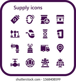 supply icon set. 16 filled supply icons.  Collection Of - Battery, Carabiner, Barrel, Water well, Derrick, Pipe, Pipes, Camping gas, Plumber, Diminish, Electric tower, Solar panel