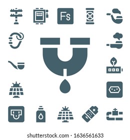 supply icon set. 17 filled supply icons. Included Transmission tower, Carabiner, Pipe, Solar panel, Battery, Socket, Electrical, Conditioner, Fuse, Pipes icons