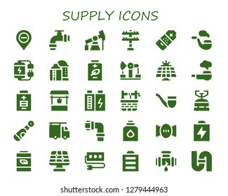  supply icon set. 30 filled supply icons. Simple modern icons about  - Diminish, Pipe, Pump jack, Transmission tower, Battery, Silo, Derrick, Solar panel, Water well, Camping gas