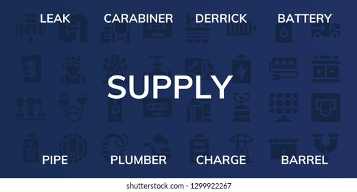  supply icon set. 32 filled supply icons. on blue background style Simple modern icons about  - Leak, Carabiner, Derrick, Battery, Pipe, Plumber, Charge, Barrel, Reservoir, Electric tower