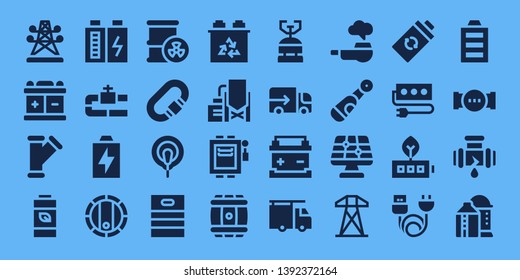 supply icon set. 32 filled supply icons. on blue background style Simple modern icons about  - Electric tower, Battery, Pipe, Barrel, Carabiner, Electrode, Reservoir, Electrical