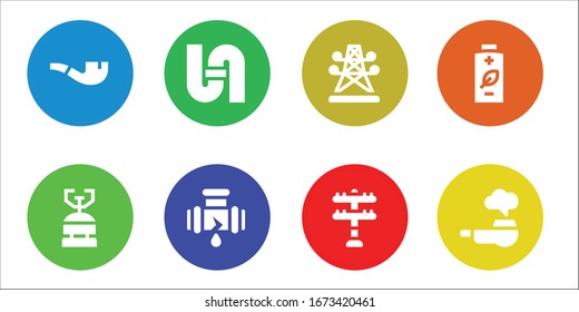 supply icon set. 8 filled supply icons. Included Pipe, Camping gas, Leak, Electric tower, Transmission tower, Battery icons