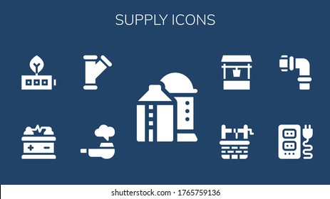 supply icon set. 9 filled supply icons.  Simple modern icons such as: Silo, Pipe, Battery, Socket, Pipes, Water well