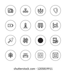 Supply icon set. collection of 16 outline supply icons with barrel, battery, carabiner, construction, eolic energy, pipe, pipes, plumber, save energy, socket icons.