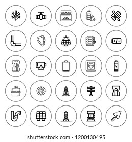 Supply icon set. collection of 25 outline supply icons with barrel, colored pencils, battery, carabiner, camping gas, construction, derrick icons. editable icons.