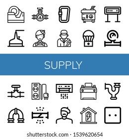 Supply Icon Set. Collection Of Tape, Storage Tank, Pipe, Painter, Carabiner, Plumber, Electric Generator, Airdrop, Panel, Water Meter, Power Strip, Broken Pipe, Air Conditioner Icons