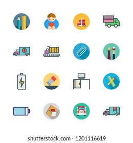 supply icon set. vector set about eraser, truck, paper clip and desk icons set.