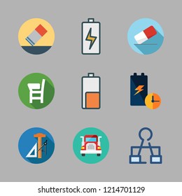 supply icon set. vector set about eraser, desk, battery and school material icons set.