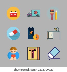 supply icon set. vector set about hugh, eraser, desk and cargo truck icons set.