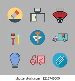 supply icon set. vector set about light bulb, eraser, truck and barcode scanner icons set.