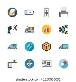 supply icon set. vector set about video card, warehouse, truck and battery icons set.