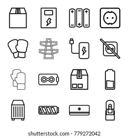 Supply icons. set of 16 editable outline supply icons such as boxing gloves, no plug, endless battery, cargo container, office supply, plug socket, air conditioner, battery