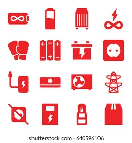 Supply icons set. set of 16 supply filled icons such as battery, pylon, cargo container, office supply, plug socket, air conditioner, no plug, endless battery