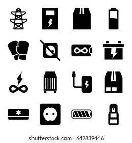 Supply icons set. set of 16 supply filled icons such as battery, pylon, cargo container, office supply, plug socket, air conditioner, no plug, endless battery