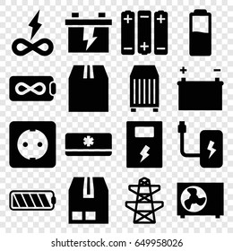 Supply icons set. set of 16 supply filled icons such as battery, pylon, cargo container, plug socket, air conditioner