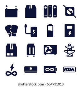 Supply icons set. set of 16 supply filled icons such as pylon, cargo container, air conditioner, battery, no plug, endless battery