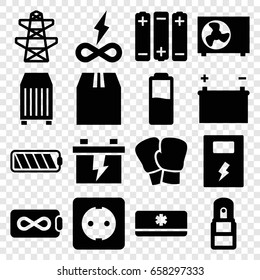 Supply icons set. set of 16 supply filled icons such as battery, pylon, cargo container, office supply, plug socket, air conditioner, endless battery
